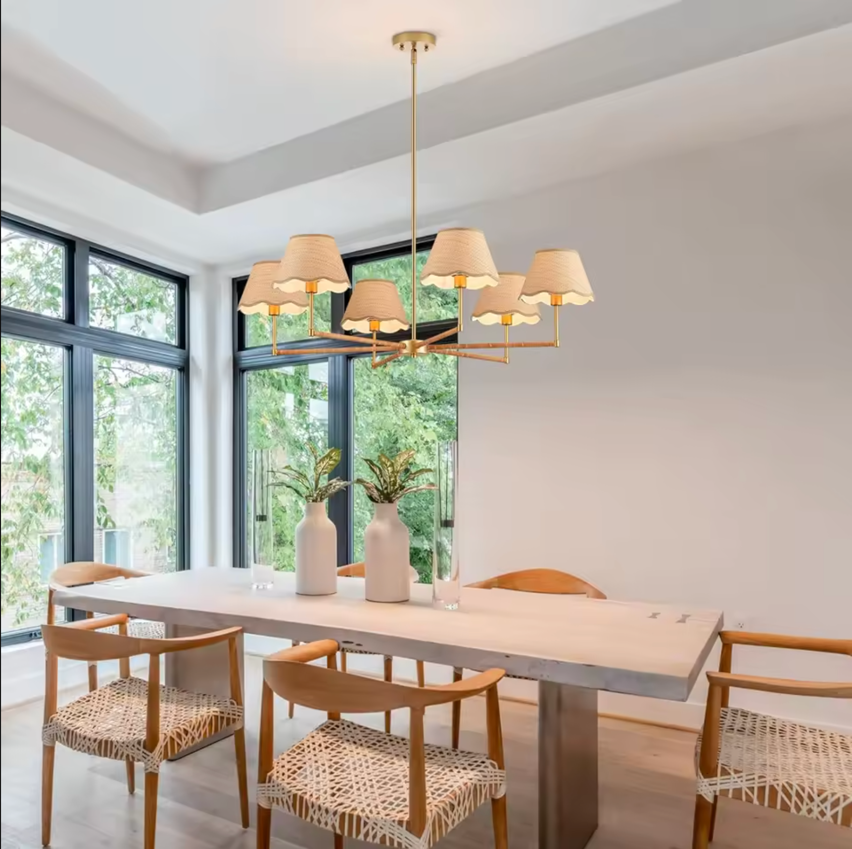 Handwoven Rattan Chandelier 6-Light Boho Brass Dining Room Ceiling Light UL Listed